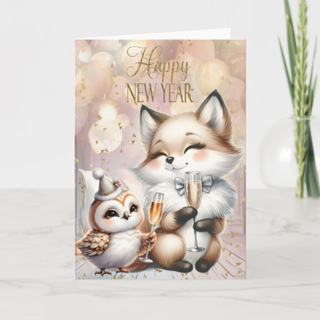 Neujahrsfuchs und Eule Karte (Vorderseite)