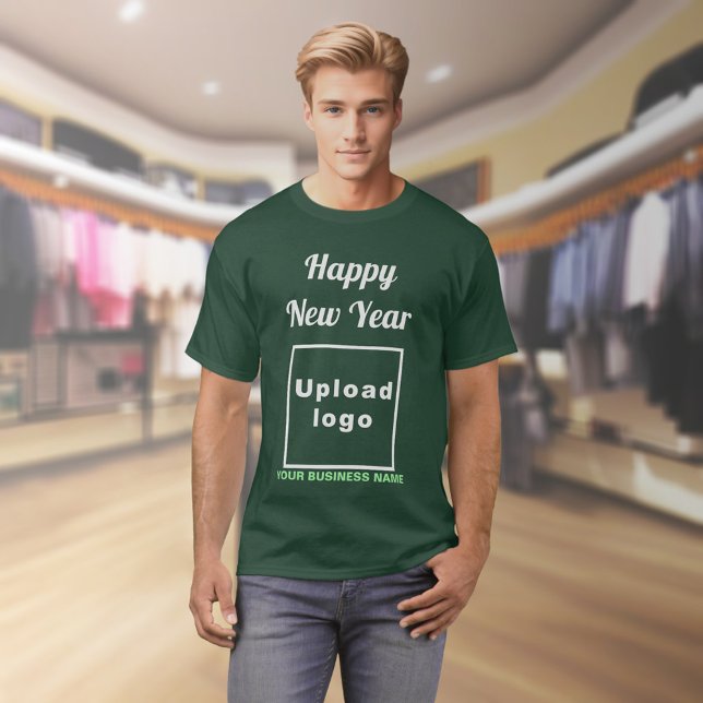 Neujahrsgrün im tiefen Wald T-Shirt (Business name and logo with New Year greeting on deep forest green t-shirt)