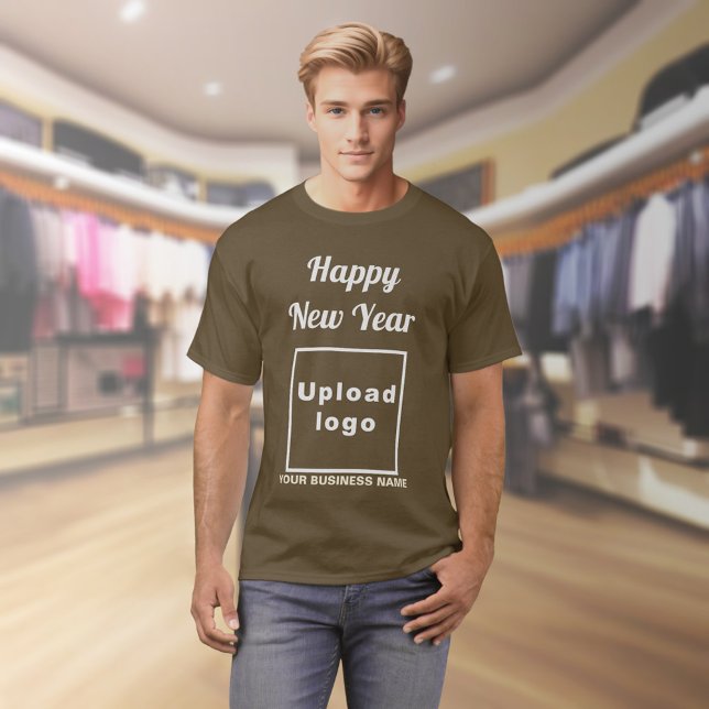 Neujahrsgrüße auf braunem T - Shirt (Business name and logo with New Year greeting on brown t-shirt)