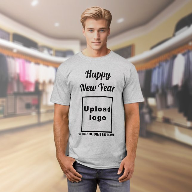 Neujahrsgrüße auf grauem T - Shirt (Business name and logo with New Year greeting on gray t-shirt)