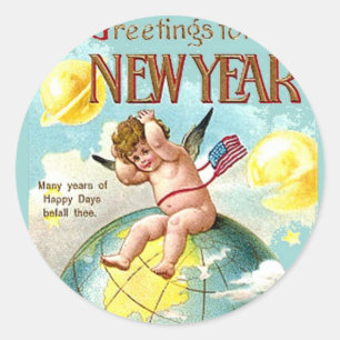 Neujahrsgrüße Cherub Globus Vintage Postkarte Runder Aufkleber