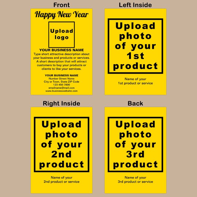Neujahrskarte: Gelbe geklappte Grußkarte Karte (Yellow New Year folded greeting card with your business brand and products or services.)