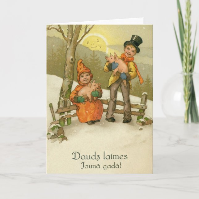 Neujahrskarte Vintager lettischer Schweine Feiertagskarte (Vorderseite)