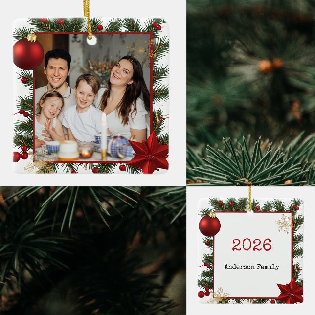 Neujahrsrahmen mit rotem Stern Foto Familie 2026 Keramikornament (Von Creator hochgeladen)