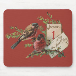 Neujahrsvögel Antike Feiertagskarte Mousepad
