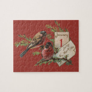Neujahrsvögel Antike Feiertagskarte Puzzle