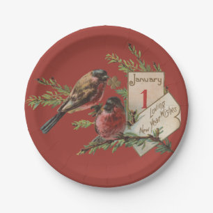 Neujahrsvögel Antike Weihnachtskarte Pappteller