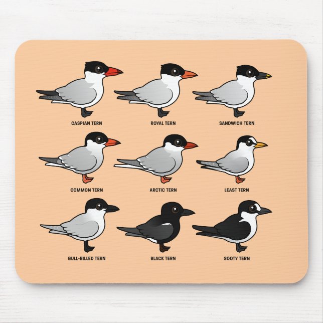 Neun Birdorable Seeschwalben (beschriftet) Mousepad (Vorne)