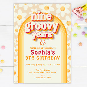 Neun Groovy Years 9th Birthday Einladung Retro