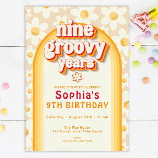 Neun Groovy Years 9th Birthday Einladung | Retro