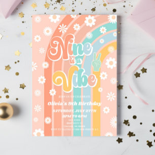 Neun ist eine Vibe Rainbow Daisy 9. Geburtstagspar Einladung