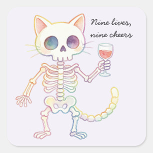 Neun Leben Neun Cheers Süße Skelett-Katze Hallowee Quadratischer Aufkleber