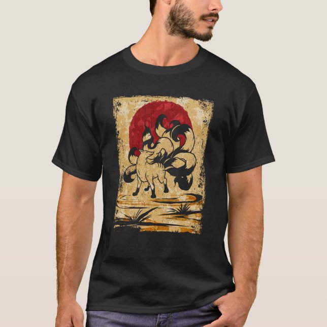 Neun Schwanzfox Japanischer Retro 3 T-Shirt (Vorderseite)