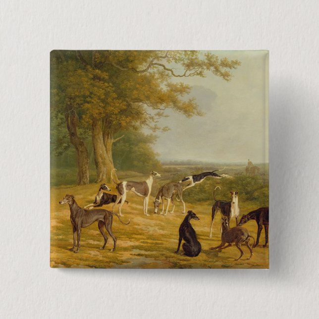 Neun Windhunde in einer Landschaft (Öl auf Button (Vorderseite)