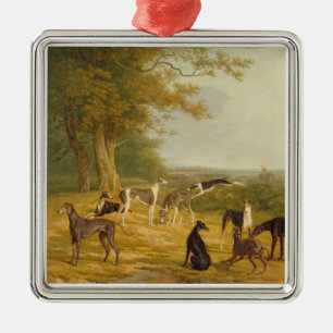 Neun Windhunde in einer Landschaft (Öl auf Silbernes Ornament