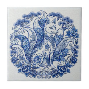 Neunschwänziger Fuchs Kitsune Imari-Stil Blau Weiß Fliese