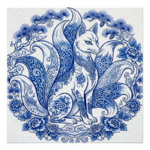Neunschwänziger Fuchs Kitsune Imari Stil Blau Weiß Fotodruck
