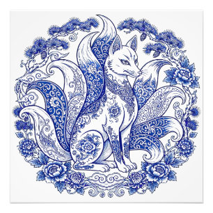 Neunschwänziger Fuchs Kitsune Imari-Stil Blau Weiß Fotodruck