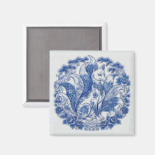 Neunschwänziger Fuchs Kitsune Imari-Stil Blau Weiß Magnet
