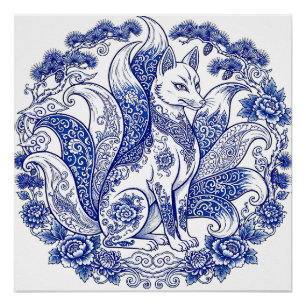 Neunschwänziger Fuchs Kitsune Imari-Stil Blau-Weiß Poster