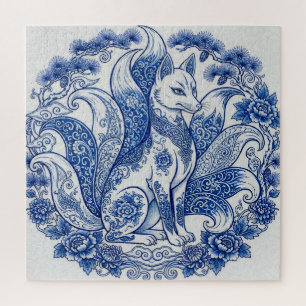Neunschwänziger Fuchs Kitsune Imari-Stil Blau-Weiß Puzzle