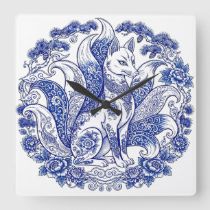 Neunschwänziger Fuchs Kitsune Imari-Stil Blau Weiß Quadratische Wanduhr