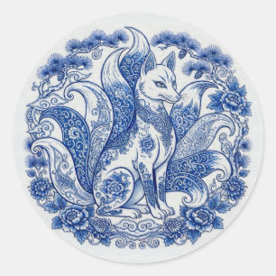 Neunschwänziger Fuchs Kitsune Imari-Stil Blau Weiß Runder Aufkleber
