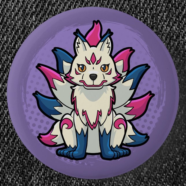 Neunschwänziger Fuchs- Yokai Kitsune Button (Nine-Tailed Fox Yokai Can Badge- Detail View)