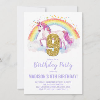 Neunte Rainbow Unicorn Einladung zum Geburtstag