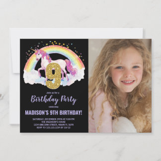 Neunte Rainbow Unicorn Geburtstag Einladungen Foto