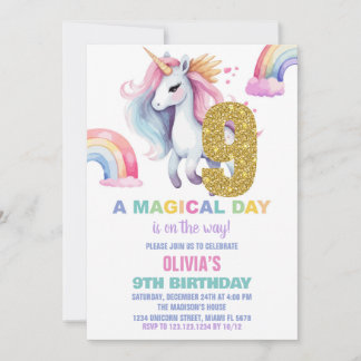 Neunte Rainbow Unicorn Geburtstag Einladungen Glit