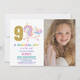 Neunte Rainbow Unicorn Geburtstagseinladungen mit Einladung