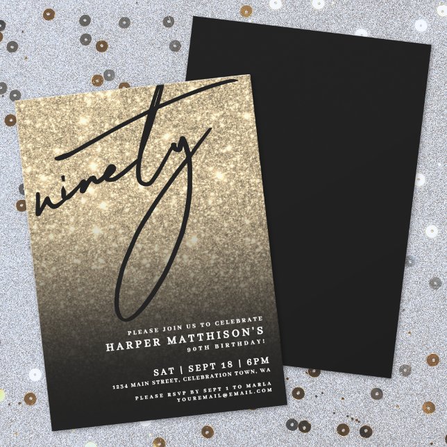 Neunzig Black Gold 90. Geburtstagsfeier Einladung (Ninety Black Gold 90th Birthday Party Invitation)