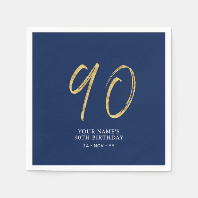 neunzig | Gold & Navy Blue Lettering 90. Geburtsta Serviette (Vorderseite)