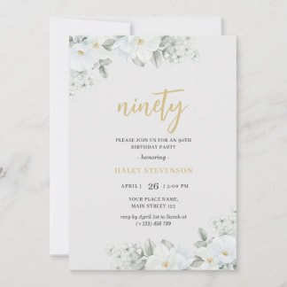 Neunzig Weiß & Gold Weiße Flora Elegant Geburtstag Einladung