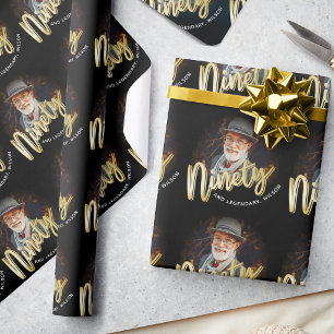 Neunzigster 90. Geburtstag Foto Schriftzug Gold in Geschenkpapier
