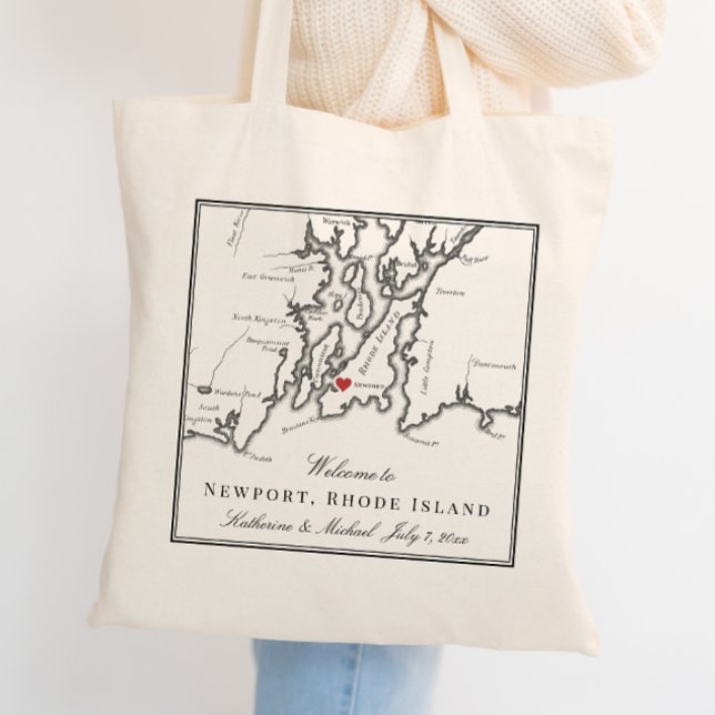 Neuport Rhode Island Schwarz-weiße Hochzeit Willko Tragetasche (Newport RI Map Wedding Welcome Bag Tote Bag Wedding Favor in Elegant Black and White )