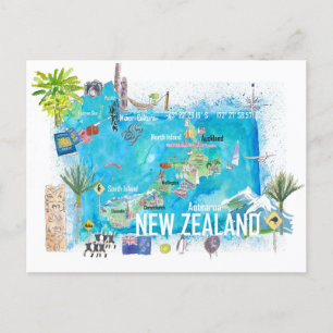 Neuseeland Illustrierte Reisekarte Postkarte