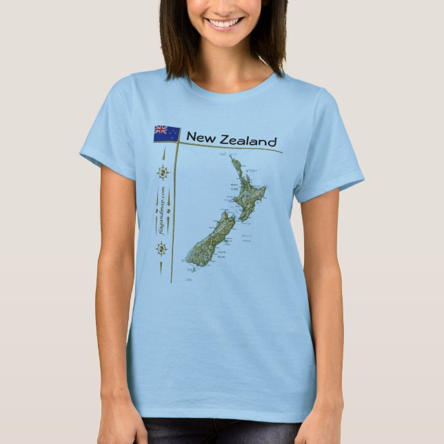 Neuseeland Karte + Flagge + T - Shirt (Vorderseite)
