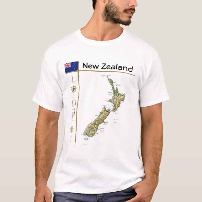 Neuseeland Karte + Flagge + T - Shirt (Vorderseite)