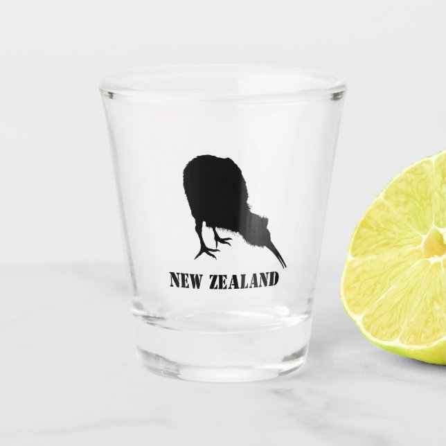 Neuseeland & Kiwi Bird Sillhouette / Aotearoa NZ Schnapsglas (Vorderseite)