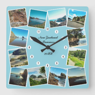 Neuseeland-Reise 12 Benutzerdefinierte Fotocollage Quadratische Wanduhr