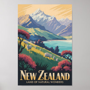 Neuseeland-Schaf-Illustration-Reise-Kunst-Vintage Poster