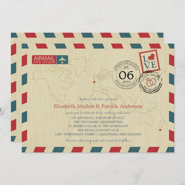 Neuseeland / UK Antiairmail | Hochzeit Einladung (Vorne/Hinten)