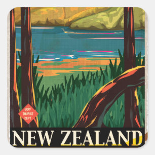 Neuseeland Vintage Travel Poster Quadratischer Aufkleber