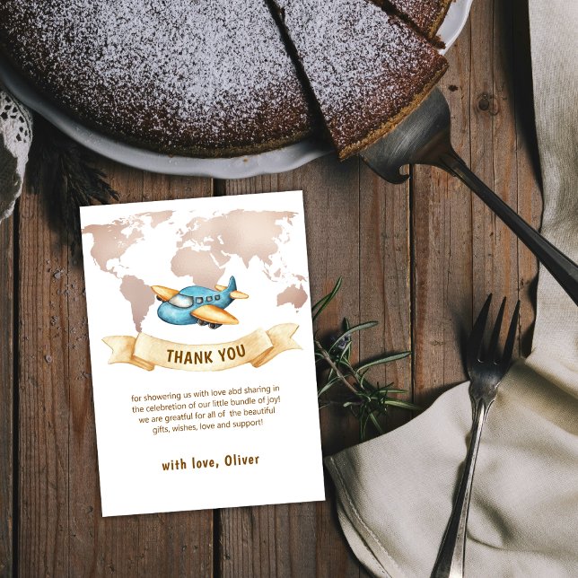 Neutral Adventure World Map Airplane Baby Shower  Dankeskarte (Neutral Adventure World Map Airplane Baby Shower Thank You Card)