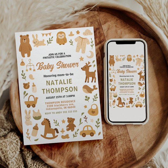 Neutral Baby Boy Shower | Cute Safari Animal Einladung (Neutral Baby Boy Shower | Cute Safari Animal Invitation)