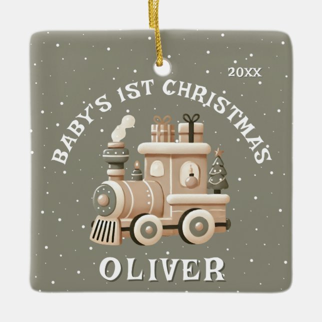 Neutral Baby’s 1st Christmas Train Keepsake Photo Keramikornament (Vorderseite)