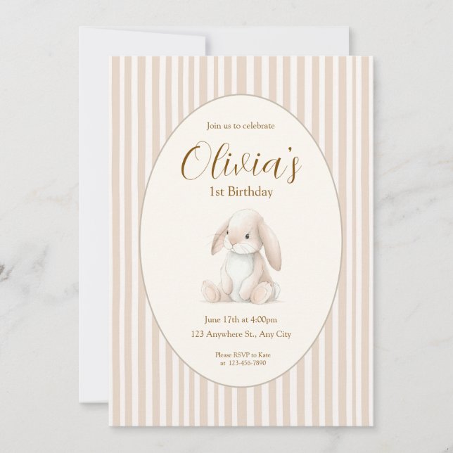 Neutral Baby's First Birthday Bunny Invitation Einladung (Vorderseite)