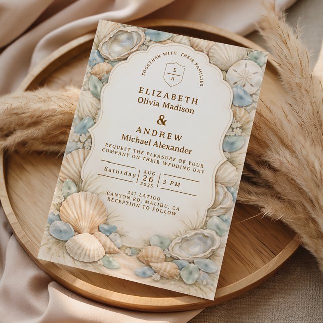 Neutral Beach Wreath Wedding Einladung (Von Creator hochgeladen)